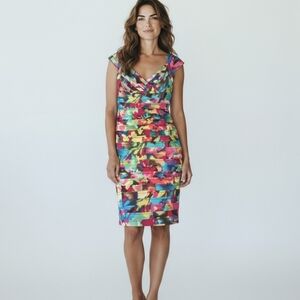 Adrianna Papell Pink/Green Floral Print Knit Ruched Party Bandage Dress Sz 4